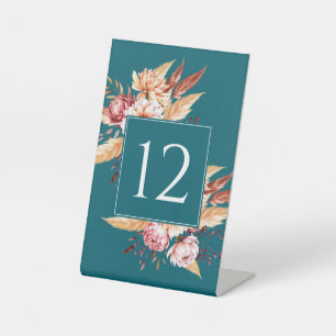 Elegant Teal Boho Floral Wedding Table Number Pedestal Sign