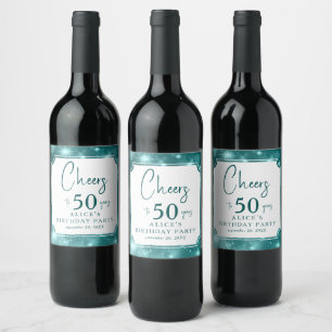 Elegant Teal Bokeh Sparkle 50th Birthday Party  Wine Label