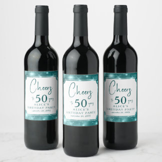 Elegant Teal Bokeh Sparkle 50th Birthday Party  Wine Label