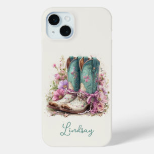 Elegant Teal Boots with Flowers Monogrammed iPhone 15 Mini Case