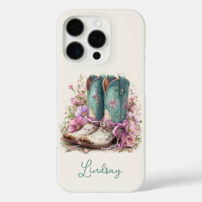 Elegant Teal Boots with Flowers Monogrammed Case-Mate iPhone Case (Back)