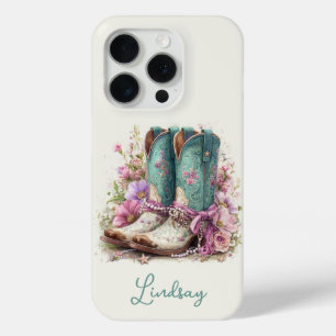Elegant Teal Boots with Flowers Monogrammed iPhone 15 Pro Case