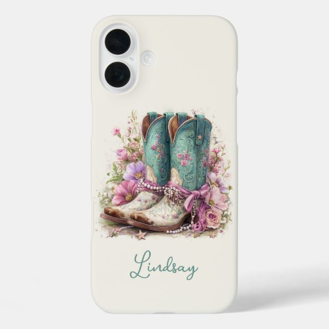 Elegant Teal Boots with Flowers Monogrammed Case-Mate iPhone Case (Back)