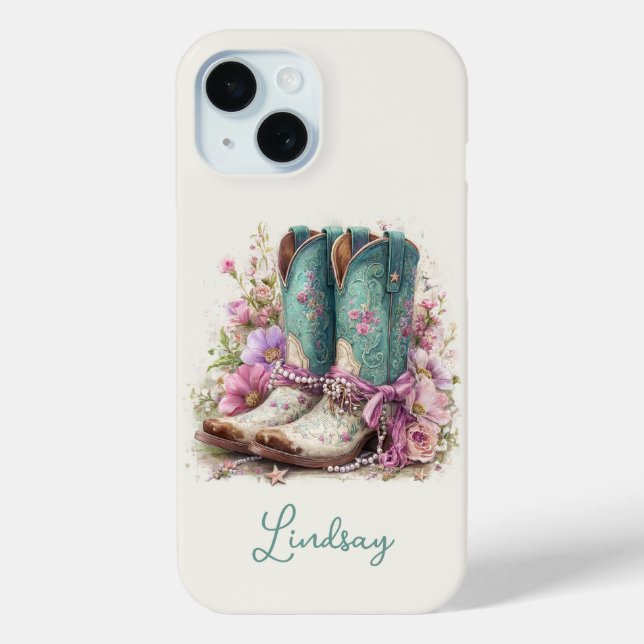 Elegant Teal Boots with Flowers Monogrammed Case-Mate iPhone Case (Back)