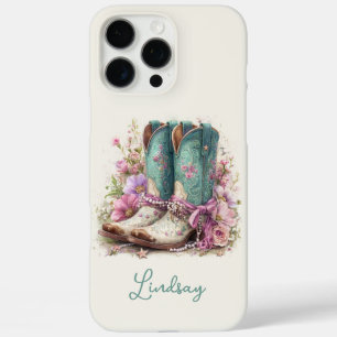 Elegant Teal Boots with Flowers Monogrammed iPhone 16 Pro Max Case
