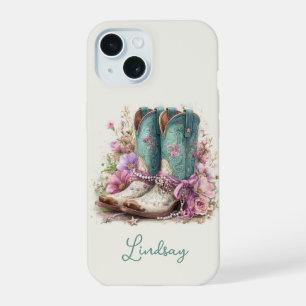 Elegant Teal Boots with Flowers Monogrammed iPhone 15 Case