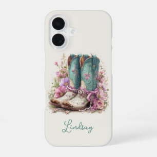 Elegant Teal Boots with Flowers Monogrammed iPhone 16 Case