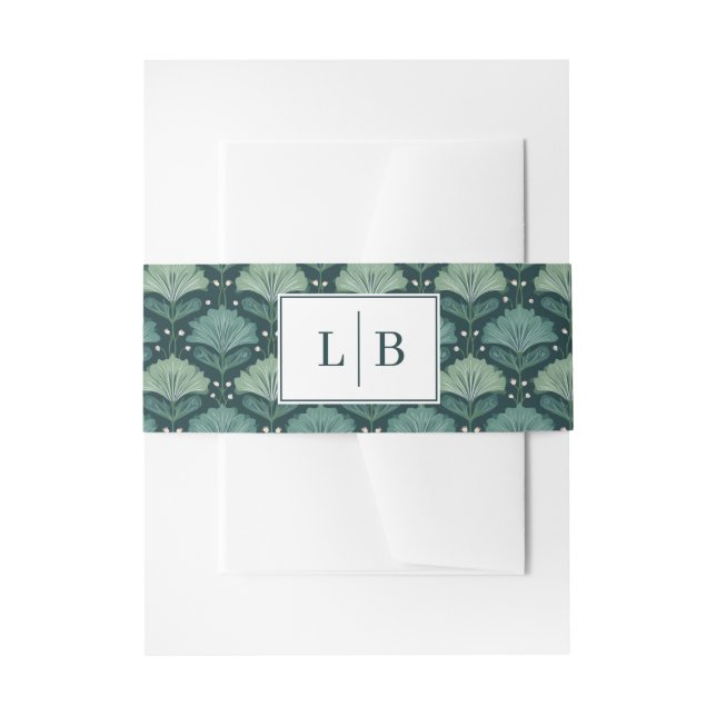 Elegant Teal Botanical Leaf Motive Invitation Belly Band (Front Example)