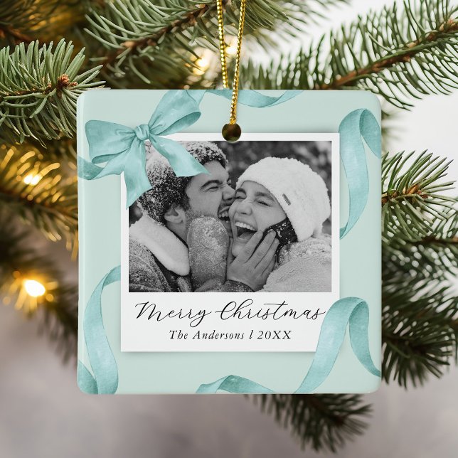 Elegant Teal Bow Photo Holiday Ceramic Ornament (Creator Uploaded)