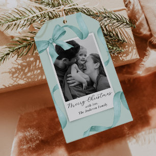 Elegant Teal Bow Photo Holiday Gift Tags
