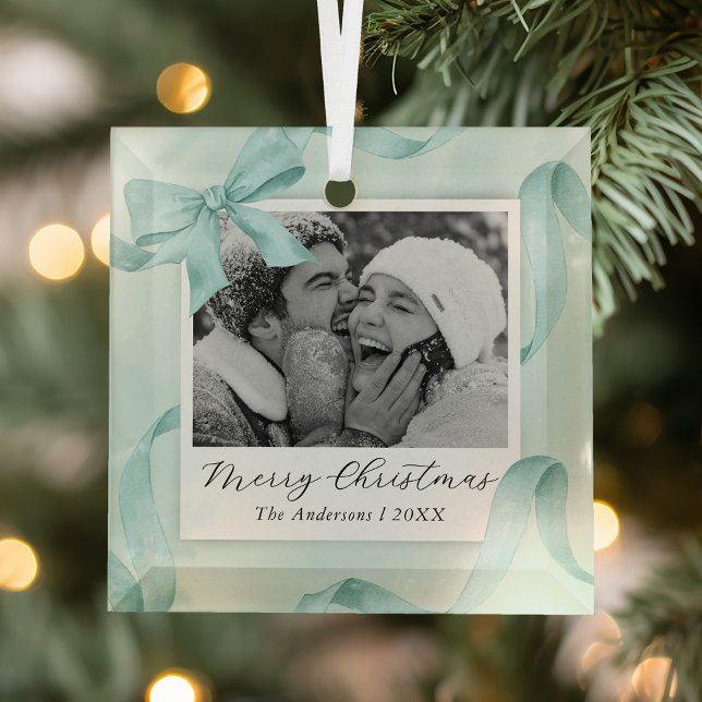 Elegant Teal Bow Photo Holiday Glass Tree Decoration (Creator Uploaded)