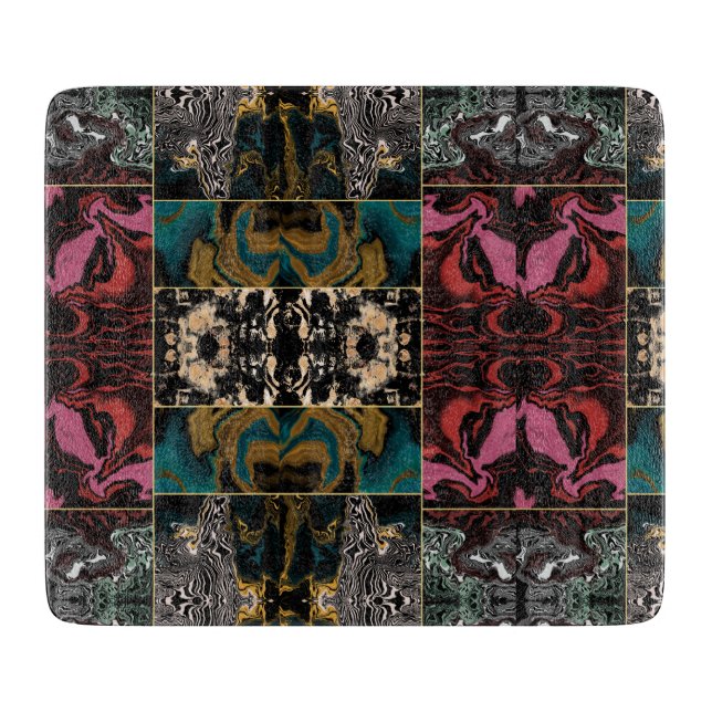 Elegant Teal Burgundy Gold Marble Liquid Abstract Cutting Board (Front)