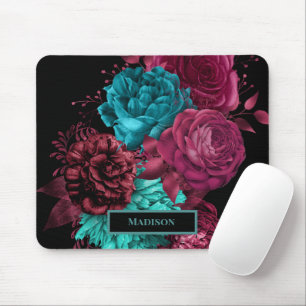 Elegant Teal Burgundy Red Flowers Black Monogram Mouse Pad