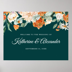 Elegant Teal Burnt Orange Floral Wedding Welcome Poster