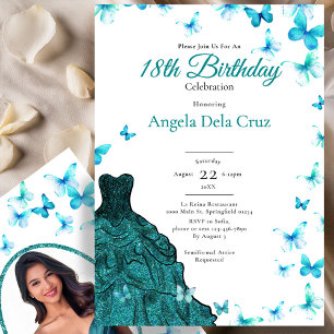 Elegant Teal Butterflies Dress 18th Birthday Debut Invitation