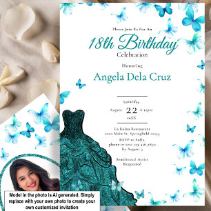 Elegant Teal Butterflies Dress 18th Birthday Debut Invitation