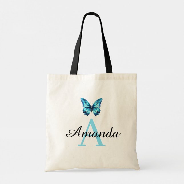 Elegant Teal Butterfly Name Monogramed Tote Bag (Back)