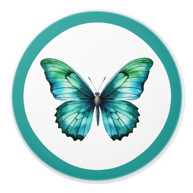 Elegant Teal Butterfly Turquoise Blue Drawer Knob (Front)