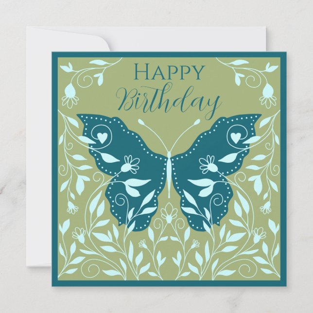 Elegant Teal Butterfly With Vines Happy Birthday   Card (Front)