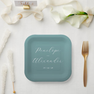 Elegant Teal Calligraphy Paper Plate