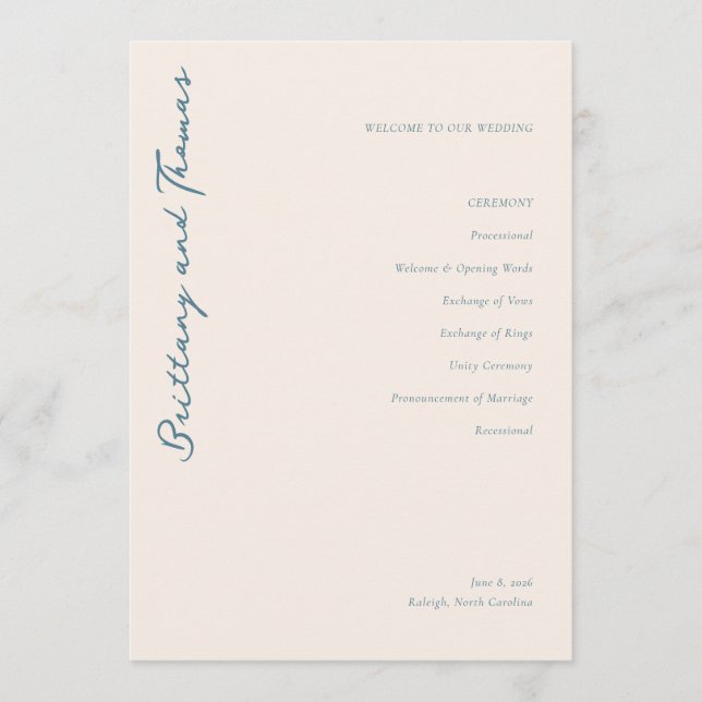 Elegant Teal Calligraphy Wedding Ceremony Programme (Front)