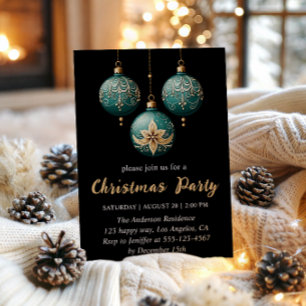 Elegant Teal Christmas Ornaments Christmas Party Invitation