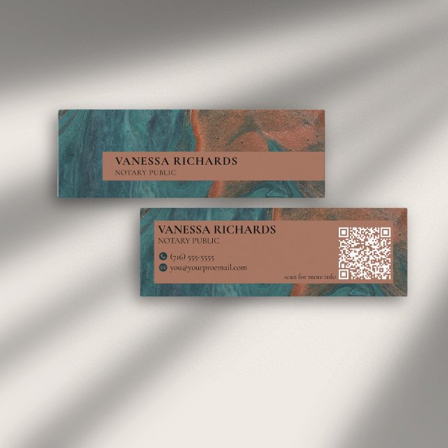 Elegant Teal & Copper Abstract QR Code Notary  Mini Business Card (Creator Uploaded)