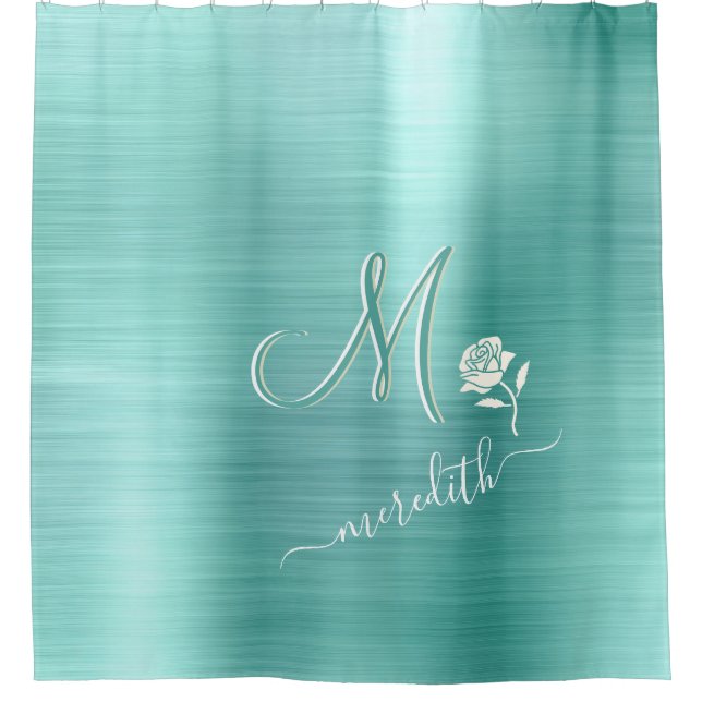 Elegant Teal Custom Monogram Name Flower  Shower Curtain (Front)