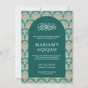Elegant Teal Damask Arabian Arch Aqiqah Invitation