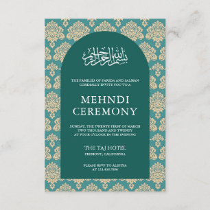 Elegant Teal Damask Arch Islamic Mehndi Ceremony Enclosure Card