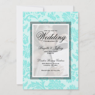 Elegant teal damask custom wedding invitation