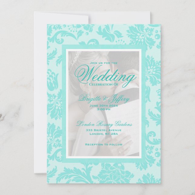 Elegant teal damask custom wedding invitation (Front)