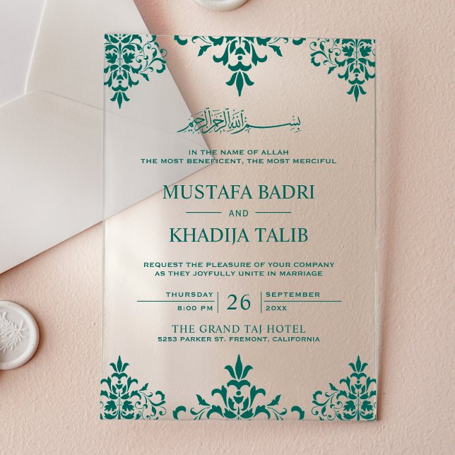Elegant Teal Damask Islamic Wedding Acrylic Invitations (Creator Uploaded)