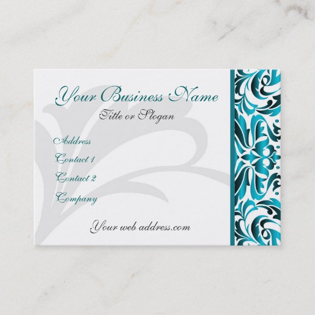 Elegant Teal Damask Scroll Business Card (Front)
