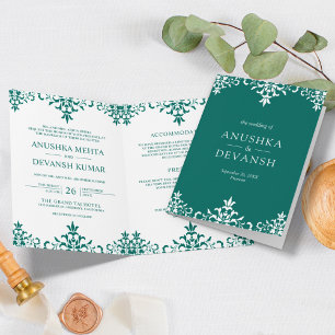 Elegant Teal Damask Traditional Indian Wedding Invitation