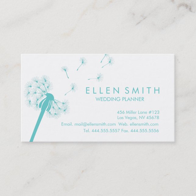 Elegant Teal Dandelion Business Card (Front)