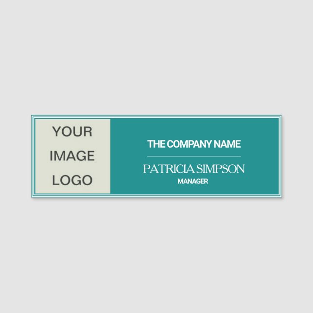 Elegant Teal Distinction: Personalised LOGO, TEXT Name Tag (Front)