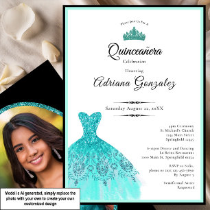 Elegant teal dress 15th birthday Quinceanera Invitation