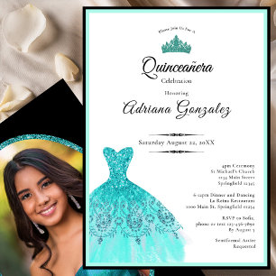 Elegant teal dress 15th birthday Quinceanera Invitation