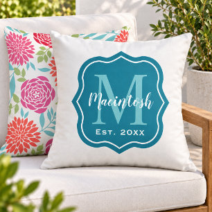 Elegant Teal Family Monogram Initial Cushion