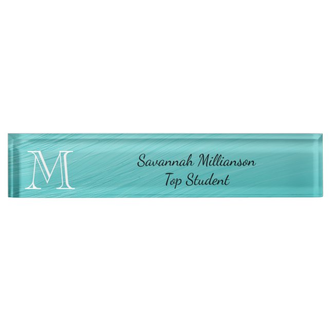 Elegant Teal Faux Metal Monogram Student Nameplate (Front)