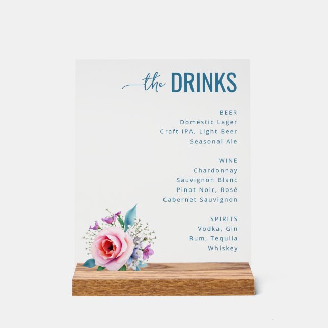 Elegant Teal Floral Beverage Menu Acrylic Sign (Front)