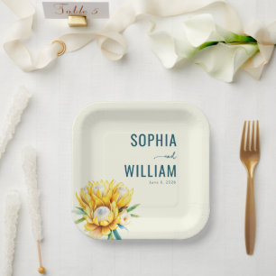 Elegant Teal Floral Illustration Paper Plate
