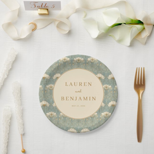 Elegant Teal Floral Paper Plate (Wedding)