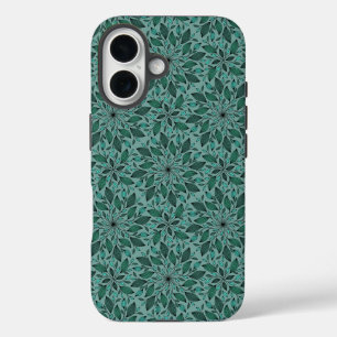 Elegant Teal Floral Pattern with Leaf Mandala iPhone 16 Case