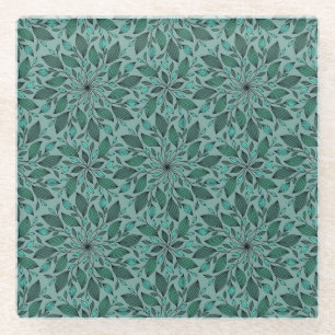 Elegant Teal Floral Pattern with Leaf Mandala  Glass Coaster