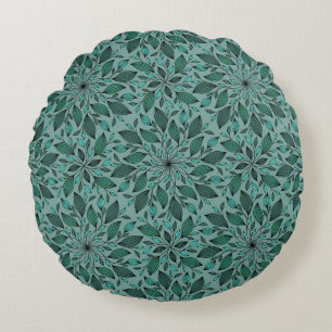 Elegant Teal Floral Pattern with Leaf Mandala Round Cushion