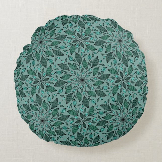 Elegant Teal Floral Pattern with Leaf Mandala  Round Cushion (Front)