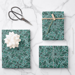 Elegant Teal Floral Pattern with Leaf Mandala  Wrapping Paper Sheet