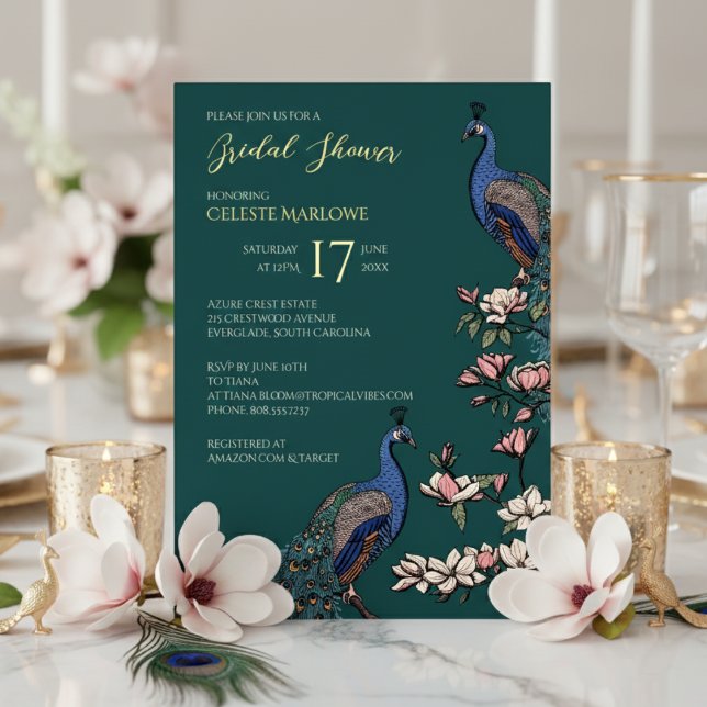 Elegant Teal Floral Peacock Bridal Shower (Elegant Teal, Gold Foil Floral Peacock Bridal Shower Invitations for Her. Classy Bird Teal Feathers)